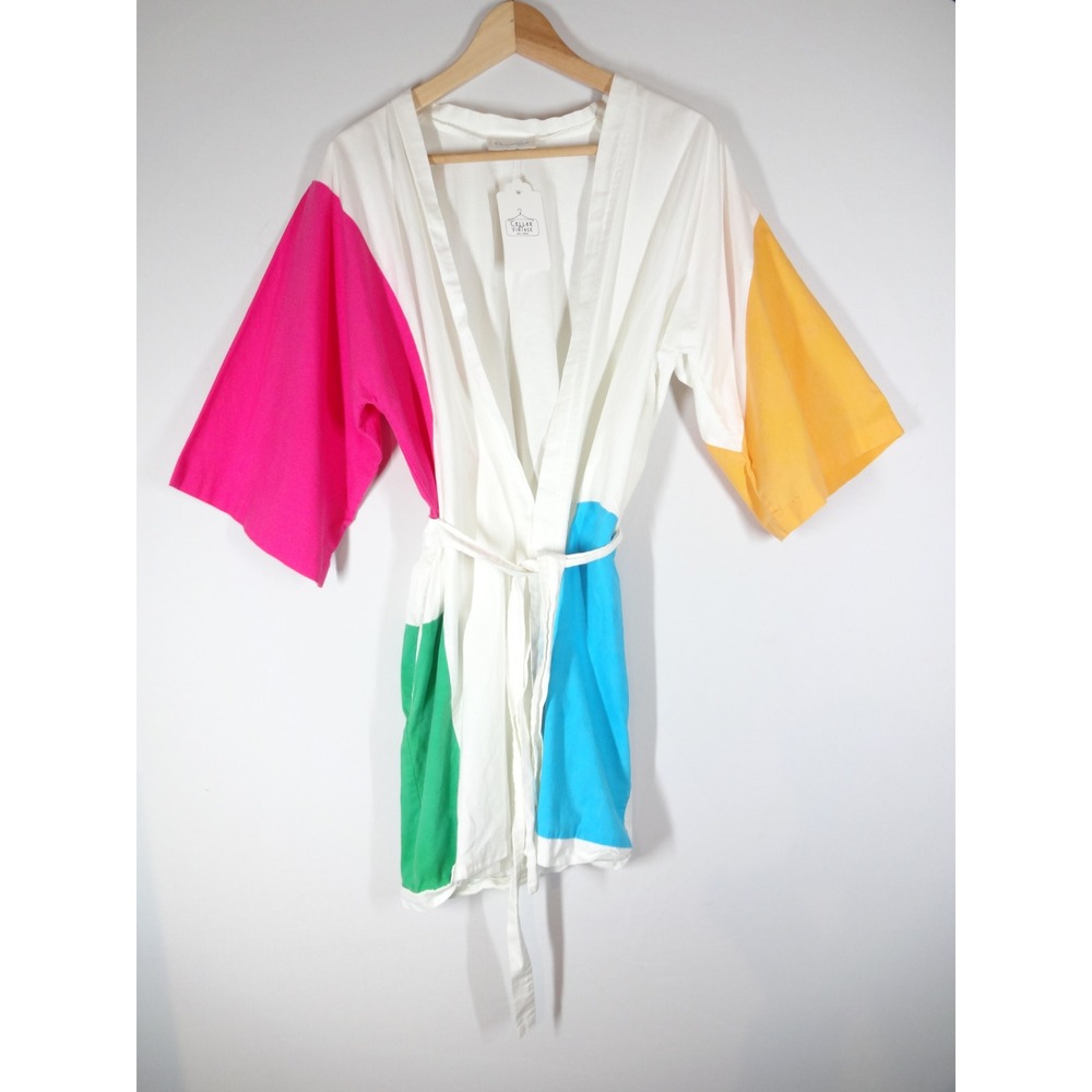 VTG Oscar de la Renta Swim Robe OS White Colorblock Vintage 80s Resortwear